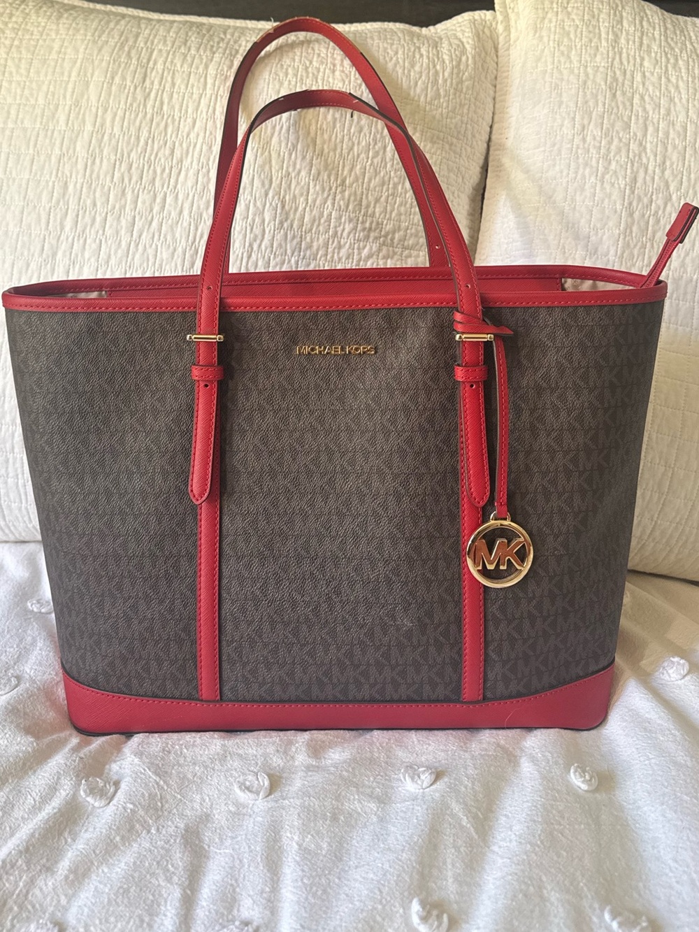 Michael Kors Brown Monogram Tote with Red Trim